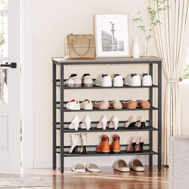 Alt view image 2 of 7 - Shoe Rack for Entryway, 5-Tier Shoe Organizer with Adjustable Mesh Shelves, 16-20 Pairs of Shoes, Spacious Floor Mount, Metal, Industrial, Shoe Shelf for Closet, Greige BG12XJ01