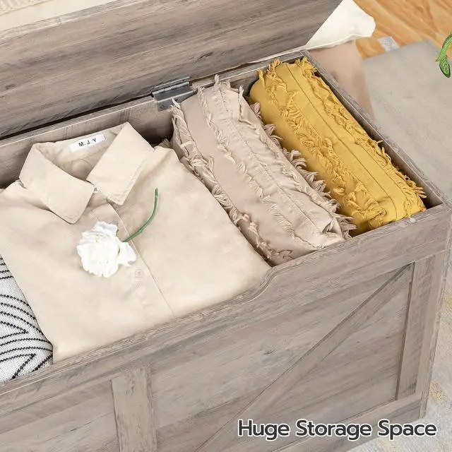 Alt view image 4 of 7 - Storage Bench, 39.4 Retro Wooden Storage Chest with U-Shaped Cut-Out Pull, Safety Hinge, Supports 220 lb and Easy Assembly for Toy Box Organizer (Greige) BG771CW01G1