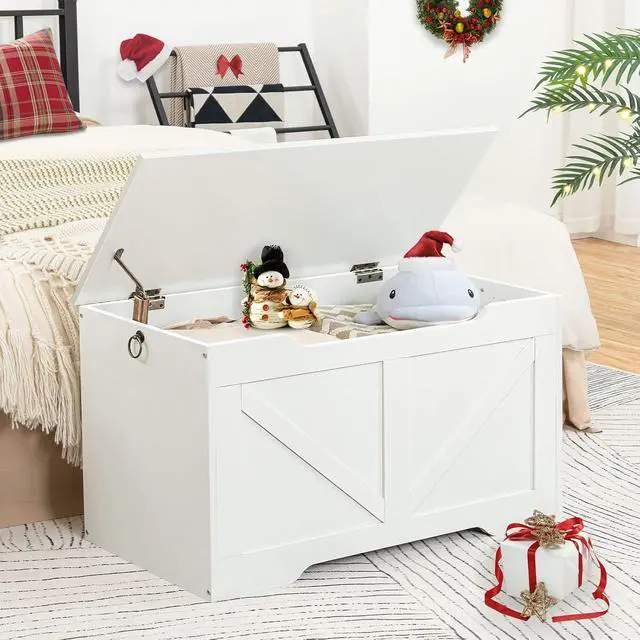 Alt view image 2 of 7 - Storage Bench, 29.5 Retro Wooden Storage Chest with U-Shaped Cut-Out Pull, Safety Hinge, Supports 220 lb and Easy Assembly for Toy Box Organizer (White) WT77CW01