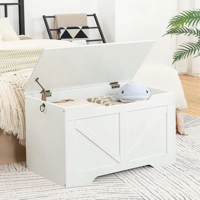 Alt view image 3 of 7 - Storage Bench, 29.5 Retro Wooden Storage Chest with U-Shaped Cut-Out Pull, Safety Hinge, Supports 220 lb and Easy Assembly for Toy Box Organizer (White) WT77CW01