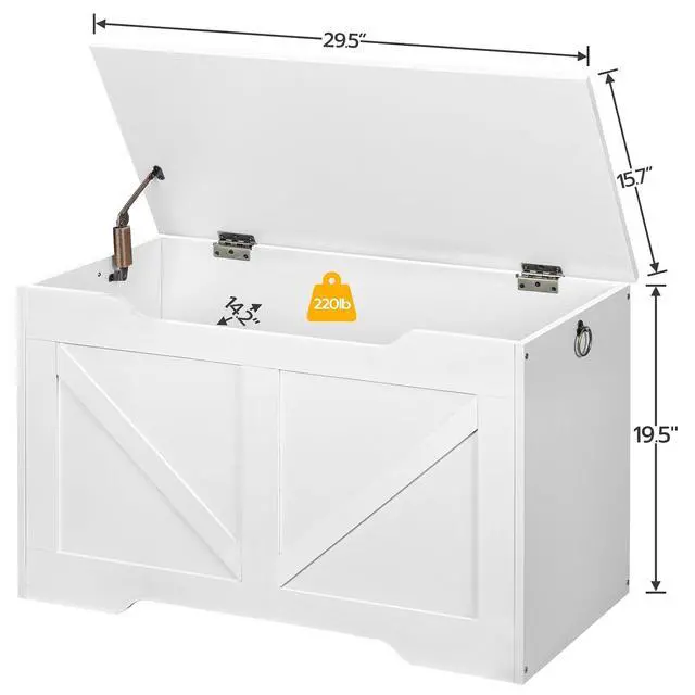 Alt view image 5 of 7 - Storage Bench, 29.5 Retro Wooden Storage Chest with U-Shaped Cut-Out Pull, Safety Hinge, Supports 220 lb and Easy Assembly for Toy Box Organizer (White) WT77CW01