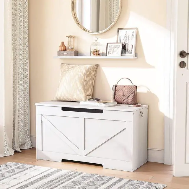 Alt view image 4 of 7 - Storage Bench, 29.5 Retro Wooden Storage Chest with U-Shaped Cut-Out Pull, Safety Hinge, Supports 220 lb and Easy Assembly for Toy Box Organizer (White) WT77CW01