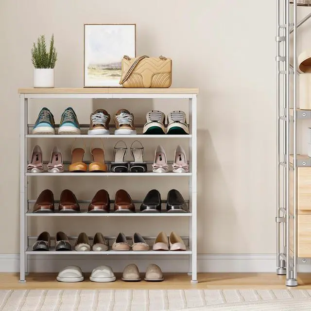 Alt view image 2 of 7 - Shoe Rack for Entryway, 5-Tier Shoe Organizer with Adjustable Mesh Shelves, 12-16 Pairs of Shoes, Spacious Floor Mount, Metal, Industrial, Shoe Shelf for Closet, Natural and White WN12XJ01