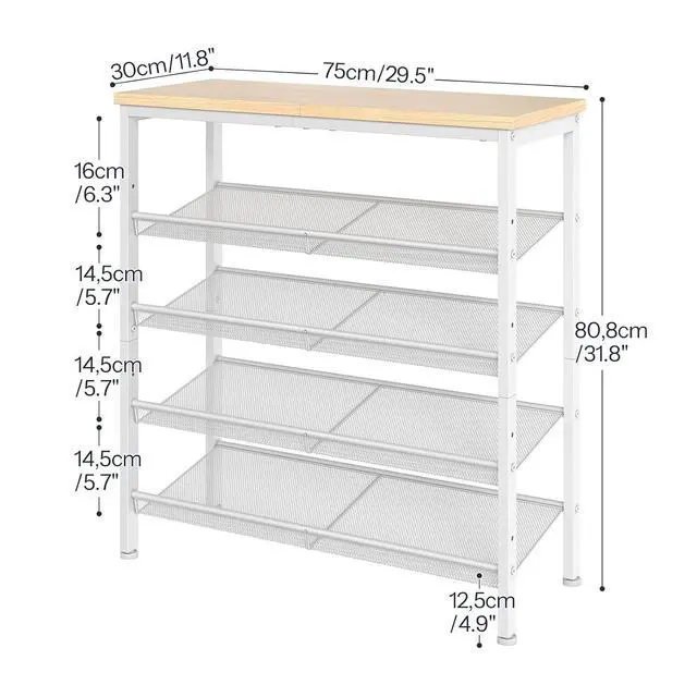 Alt view image 3 of 7 - Shoe Rack for Entryway, 5-Tier Shoe Organizer with Adjustable Mesh Shelves, 12-16 Pairs of Shoes, Spacious Floor Mount, Metal, Industrial, Shoe Shelf for Closet, Natural and White WN12XJ01