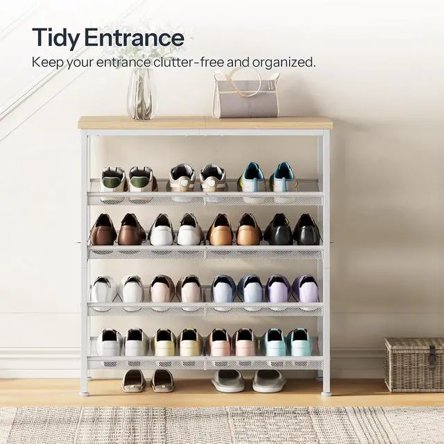 Alt view image 4 of 7 - Shoe Rack for Entryway, 5-Tier Shoe Organizer with Adjustable Mesh Shelves, 12-16 Pairs of Shoes, Spacious Floor Mount, Metal, Industrial, Shoe Shelf for Closet, Natural and White WN12XJ01