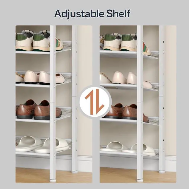 Alt view image 5 of 7 - Shoe Rack for Entryway, 5-Tier Shoe Organizer with Adjustable Mesh Shelves, 12-16 Pairs of Shoes, Spacious Floor Mount, Metal, Industrial, Shoe Shelf for Closet, Natural and White WN12XJ01