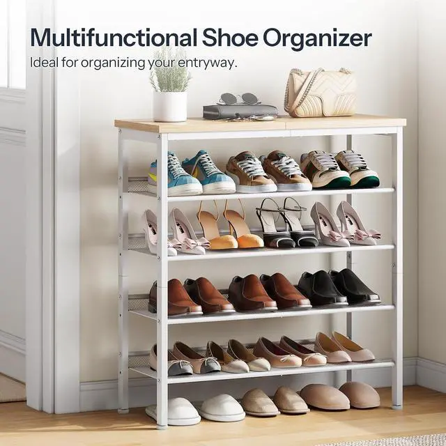 Alt view image 6 of 7 - Shoe Rack for Entryway, 5-Tier Shoe Organizer with Adjustable Mesh Shelves, 12-16 Pairs of Shoes, Spacious Floor Mount, Metal, Industrial, Shoe Shelf for Closet, Natural and White WN12XJ01
