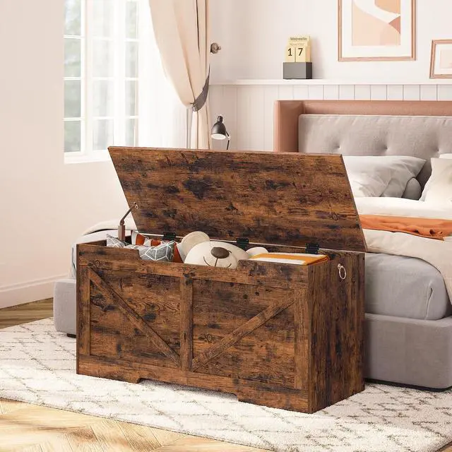 Alt view image 2 of 7 - Storage Bench, 39.4 Retro Wooden Storage Chest with U-Shaped Cut-Out Pull, Safety Hinge, Supports 220 lb and Easy Assembly for Toy Box Organizer (Rustic Brown) BF771CW01G1