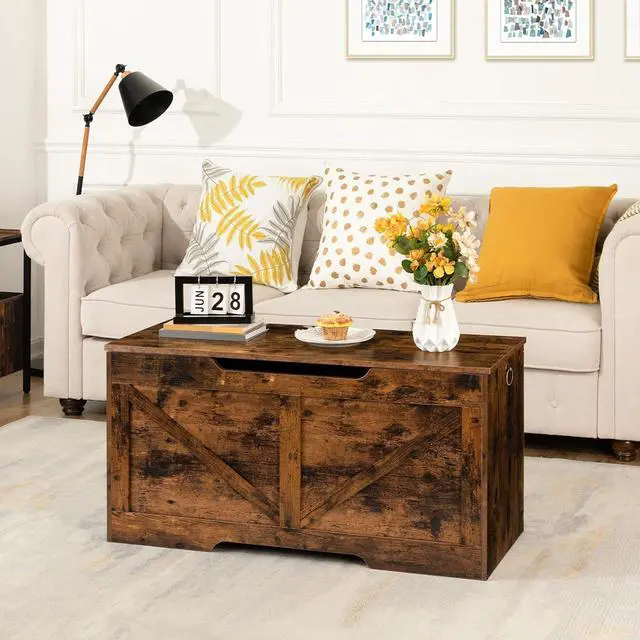 Alt view image 3 of 7 - Storage Bench, 39.4 Retro Wooden Storage Chest with U-Shaped Cut-Out Pull, Safety Hinge, Supports 220 lb and Easy Assembly for Toy Box Organizer (Rustic Brown) BF771CW01G1