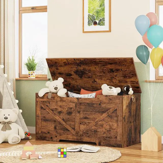 Alt view image 4 of 7 - Storage Bench, 39.4 Retro Wooden Storage Chest with U-Shaped Cut-Out Pull, Safety Hinge, Supports 220 lb and Easy Assembly for Toy Box Organizer (Rustic Brown) BF771CW01G1