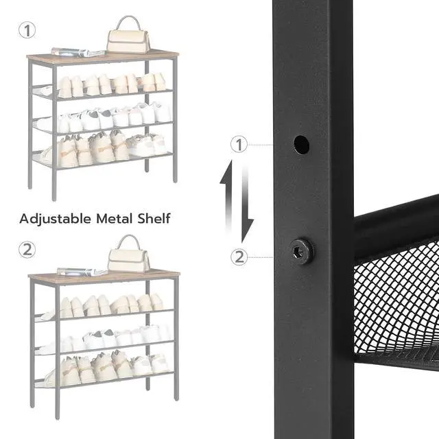 Alt view image 3 of 7 - Shoe Rack for Entryway, 4-Tier Shoe Organizer with Adjustable Mesh Shelves, 12-16 Pairs of Shoes, Spacious Floor Mount, Metal, Industrial, Shoe Shelf for Closet, Rustic Brown BF42XJ01