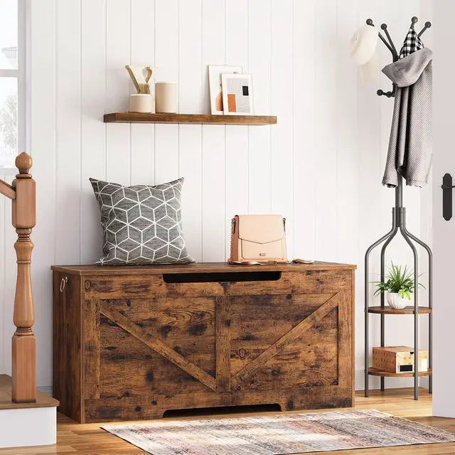 Alt view image 5 of 7 - Storage Bench, 39.4 Retro Wooden Storage Chest with U-Shaped Cut-Out Pull, Safety Hinge, Supports 220 lb and Easy Assembly for Toy Box Organizer (Rustic Brown) BF771CW01G1