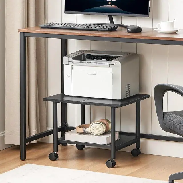 Alt view image 6 of 7 - Printer Stand, 2-Tier Industrial Under Desk Printer Cart with Shelf, Mobile Heavy Duty Storage Rack on Wheels for Home, Office, Black BB02PS01G1