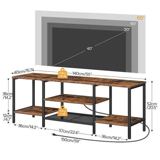 Alt view image 2 of 7 - TV Stand with Power Outlets to 65 Inches, TV Console Table with Open Storage Shelves, Industrial Media Entertainment Center for Living Room Bedroom, Rustic Brown and Black BF40DS01