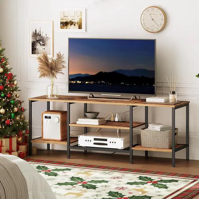 Alt view image 3 of 7 - TV Stand with Power Outlets to 65 Inches, TV Console Table with Open Storage Shelves, Industrial Media Entertainment Center for Living Room Bedroom, Rustic Brown and Black BF40DS01