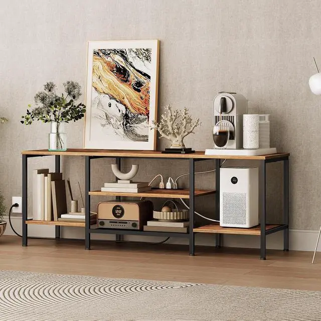 Alt view image 4 of 7 - TV Stand with Power Outlets to 65 Inches, TV Console Table with Open Storage Shelves, Industrial Media Entertainment Center for Living Room Bedroom, Rustic Brown and Black BF40DS01