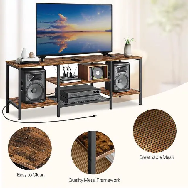 Alt view image 6 of 7 - TV Stand with Power Outlets to 65 Inches, TV Console Table with Open Storage Shelves, Industrial Media Entertainment Center for Living Room Bedroom, Rustic Brown and Black BF40DS01
