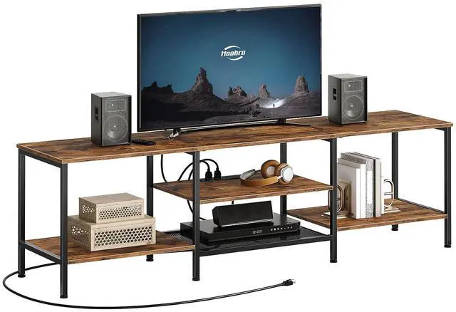 Main image of TV Stand with Power Outlets to 75 Inches, TV Console Table with Open Storage Shelves Cabinet, Industrial Media Entertainment Center for Living Room Bedroom, Rustic Brown and Black BF80DS01