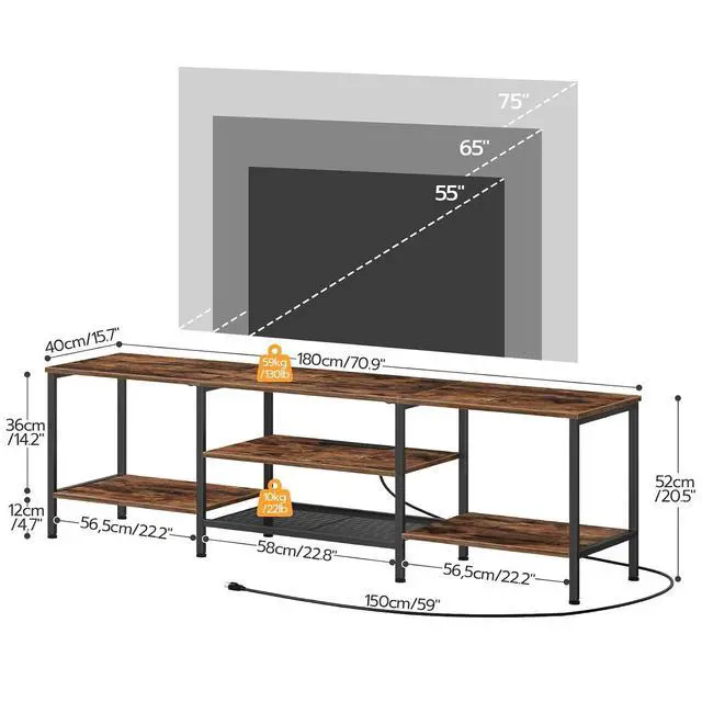 Alt view image 3 of 7 - TV Stand with Power Outlets to 75 Inches, TV Console Table with Open Storage Shelves Cabinet, Industrial Media Entertainment Center for Living Room Bedroom, Rustic Brown and Black BF80DS01