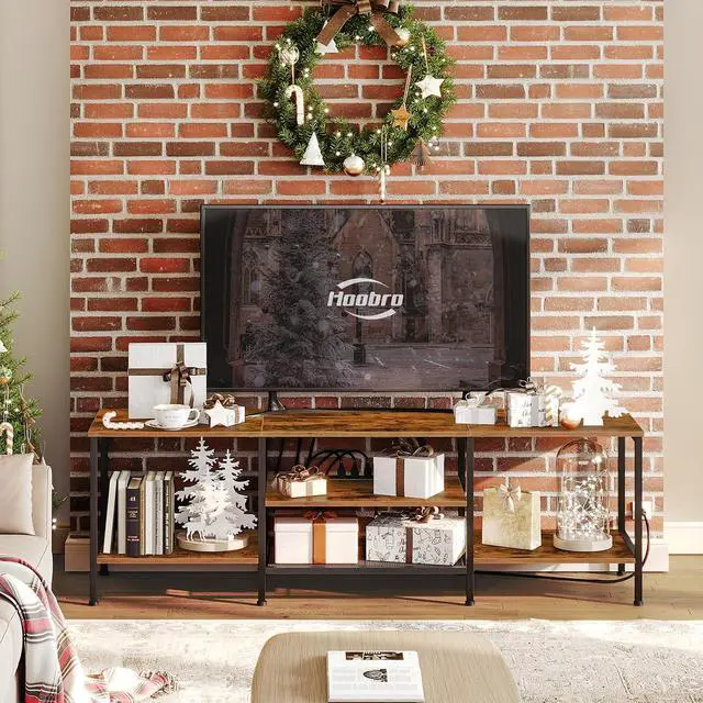 Alt view image 2 of 7 - TV Stand with Power Outlets to 75 Inches, TV Console Table with Open Storage Shelves Cabinet, Industrial Media Entertainment Center for Living Room Bedroom, Rustic Brown and Black BF80DS01