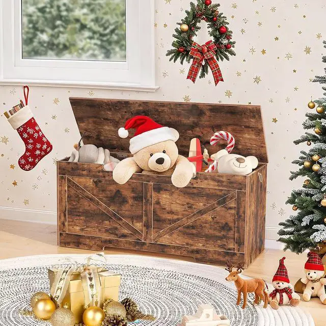 Alt view image 2 of 7 - Storage Bench, 43.3 Retro Wooden Storage Chest with U-Shaped Cut-Out Pull, Safety Hinge, Supports 220 lb and Easy Assembly for Toy Box Organizer (Rustic Brown) BF772CW01