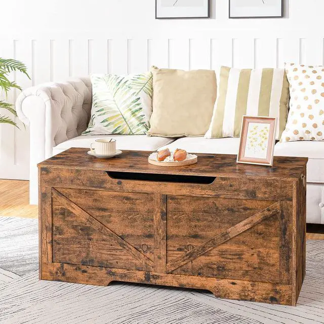 Alt view image 4 of 7 - Storage Bench, 43.3 Retro Wooden Storage Chest with U-Shaped Cut-Out Pull, Safety Hinge, Supports 220 lb and Easy Assembly for Toy Box Organizer (Rustic Brown) BF772CW01