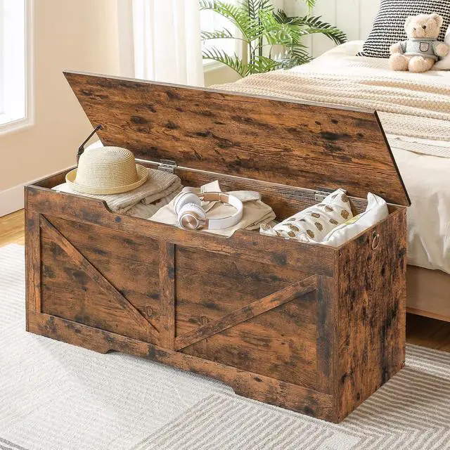 Alt view image 3 of 7 - Storage Bench, 43.3 Retro Wooden Storage Chest with U-Shaped Cut-Out Pull, Safety Hinge, Supports 220 lb and Easy Assembly for Toy Box Organizer (Rustic Brown) BF772CW01