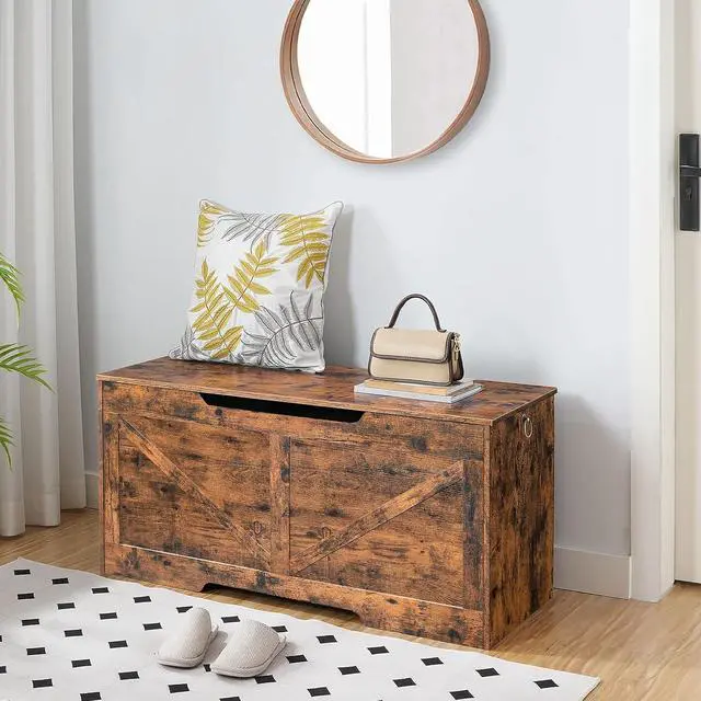 Alt view image 5 of 7 - Storage Bench, 43.3 Retro Wooden Storage Chest with U-Shaped Cut-Out Pull, Safety Hinge, Supports 220 lb and Easy Assembly for Toy Box Organizer (Rustic Brown) BF772CW01
