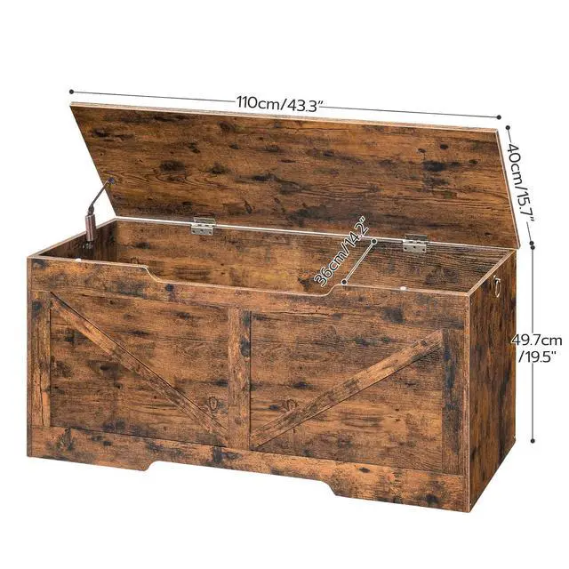 Alt view image 6 of 7 - Storage Bench, 43.3 Retro Wooden Storage Chest with U-Shaped Cut-Out Pull, Safety Hinge, Supports 220 lb and Easy Assembly for Toy Box Organizer (Rustic Brown) BF772CW01