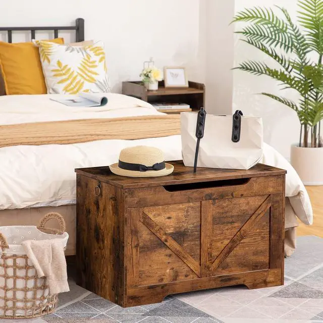 Alt view image 3 of 7 - Storage Bench, 29.5 Retro Wooden Storage Chest with U-Shaped Cut-Out Pull, Safety Hinge, Supports 220 lb and Easy Assembly for Toy Box Organizer (Rustic Brown) BF77CW01
