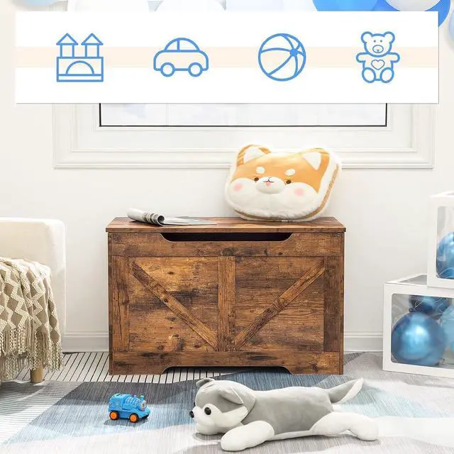 Alt view image 4 of 7 - Storage Bench, 29.5 Retro Wooden Storage Chest with U-Shaped Cut-Out Pull, Safety Hinge, Supports 220 lb and Easy Assembly for Toy Box Organizer (Rustic Brown) BF77CW01