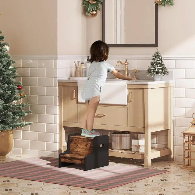 Alt view image 3 of 7 - Step Stool for Kids, Two Step Toddler's Stool, Kids Potty Training Stool with Handles, Non-Slip Pads for Safety, Easy to Move, for Sink, Bathroom, Bedroom, Rustic Brown BF01JD01G3