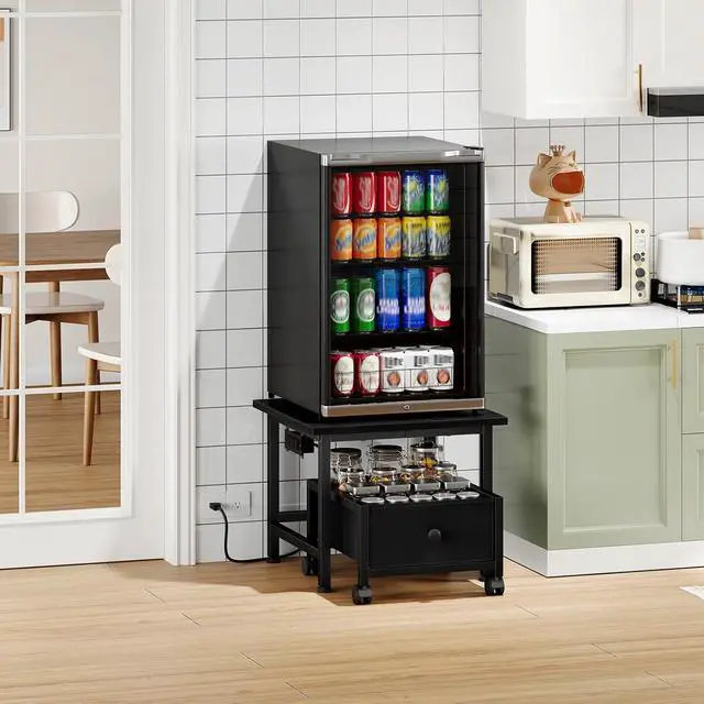 Alt view image 2 of 7 - Mini Fridge Stand with Non-Woven Storage Basket and Power Outlet, Mini Fridge Cabinet with Wheels and Adjustable Feet, Mobile Fridge Shelf, for Home, Apartment, Dorm, Black BB355UBX01