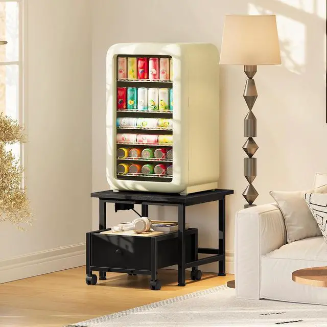Alt view image 5 of 7 - Mini Fridge Stand with Non-Woven Storage Basket and Power Outlet, Mini Fridge Cabinet with Wheels and Adjustable Feet, Mobile Fridge Shelf, for Home, Apartment, Dorm, Black BB355UBX01
