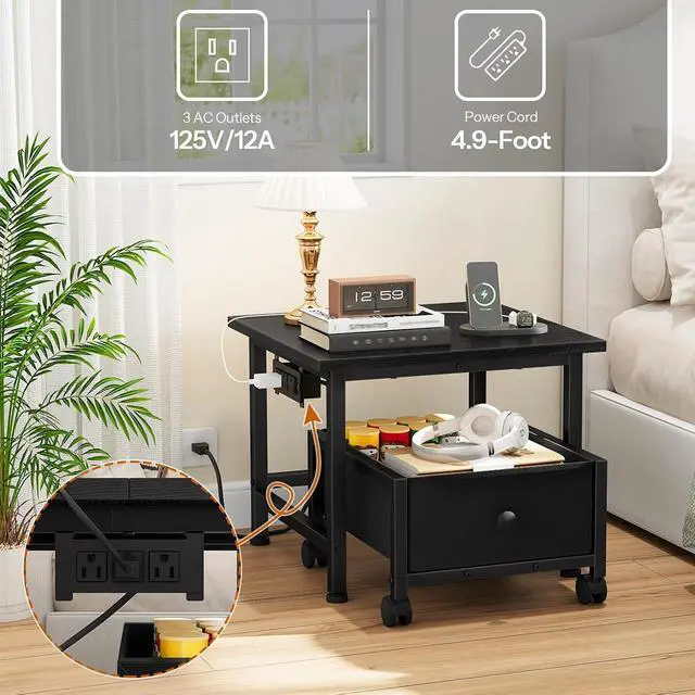 Alt view image 6 of 7 - Mini Fridge Stand with Non-Woven Storage Basket and Power Outlet, Mini Fridge Cabinet with Wheels and Adjustable Feet, Mobile Fridge Shelf, for Home, Apartment, Dorm, Black BB355UBX01