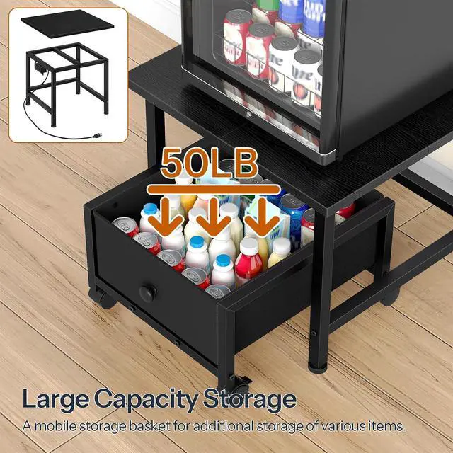 Alt view image 7 of 7 - Mini Fridge Stand with Non-Woven Storage Basket and Power Outlet, Mini Fridge Cabinet with Wheels and Adjustable Feet, Mobile Fridge Shelf, for Home, Apartment, Dorm, Black BB355UBX01