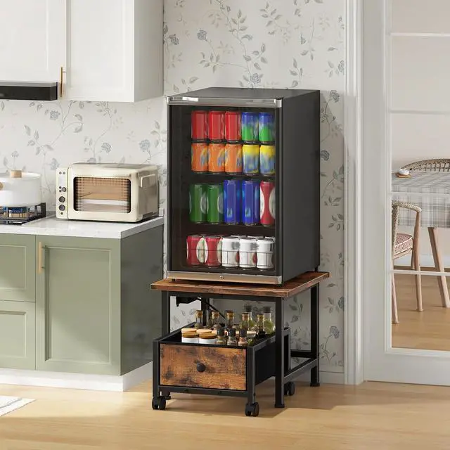 Alt view image 2 of 7 - Mini Fridge Stand with Non-Woven Storage Basket and Power Outlet, Mini Fridge Cabinet with Wheels and Adjustable Feet, Mobile Fridge Shelf, for Home, Apartment, Dorm, Rustic Brown FB355UBX01