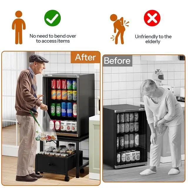 Alt view image 4 of 7 - Mini Fridge Stand with Non-Woven Storage Basket and Power Outlet, Mini Fridge Cabinet with Wheels and Adjustable Feet, Mobile Fridge Shelf, for Home, Apartment, Dorm, Black BB355UBX01