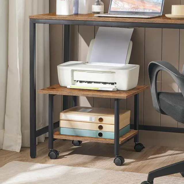 Alt view image 4 of 7 - Printer Stand, 2-Tier Industrial Under Desk Printer Cart with Shelf, Mobile Heavy Duty Storage Rack on Wheels for Home, Office, Rustic Brown and Black BF02PS01G1