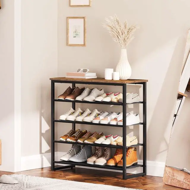 Alt view image 2 of 7 - Shoe Rack, 5 Tier Shoe Storage Organizer with 4 Oxford Fabric Shelves and Top Panel, Holds 16-20 Pairs of Shoes, for Entryway and Closet, Industrial, Rustic Brown BF50XJ01