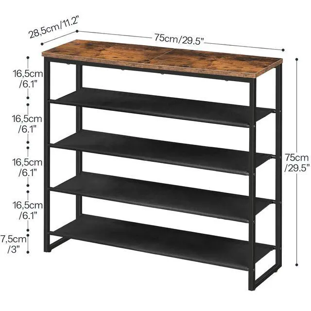 Alt view image 3 of 7 - Shoe Rack, 5 Tier Shoe Storage Organizer with 4 Oxford Fabric Shelves and Top Panel, Holds 16-20 Pairs of Shoes, for Entryway and Closet, Industrial, Rustic Brown BF50XJ01