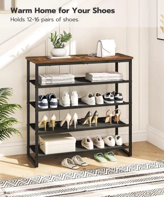 Alt view image 4 of 7 - Shoe Rack, 5 Tier Shoe Storage Organizer with 4 Oxford Fabric Shelves and Top Panel, Holds 16-20 Pairs of Shoes, for Entryway and Closet, Industrial, Rustic Brown BF50XJ01