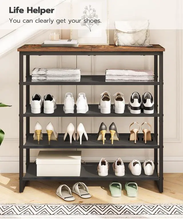 Alt view image 5 of 7 - Shoe Rack, 5 Tier Shoe Storage Organizer with 4 Oxford Fabric Shelves and Top Panel, Holds 16-20 Pairs of Shoes, for Entryway and Closet, Industrial, Rustic Brown BF50XJ01