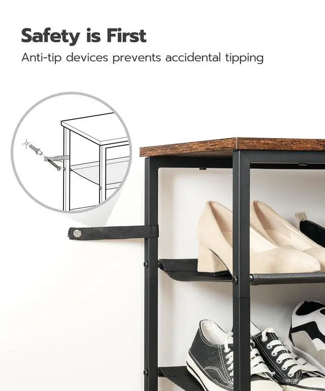 Alt view image 6 of 7 - Shoe Rack, 4 Tier Shoe Storage Organizer with 3 Oxford Fabric Shelves and Top Panel, Holds 12-16 Pairs of Shoes for Entryway and Closet, Industrial, Rustic Brown BF47XJ01G1