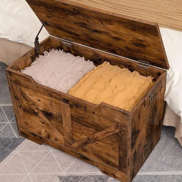 Alt view image 5 of 7 - Storage Bench, 29.5 Retro Wooden Storage Chest with U-Shaped Cut-Out Pull, Safety Hinge, Supports 220 lb and Easy Assembly for Toy Box Organizer (Rustic Brown) BF77CW01