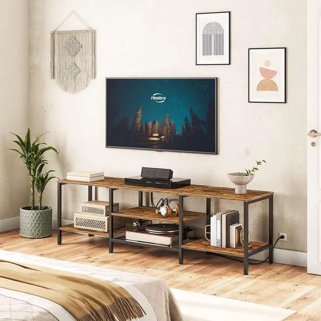 Alt view image 4 of 7 - TV Stand with Power Outlets to 75 Inches, TV Console Table with Open Storage Shelves Cabinet, Industrial Media Entertainment Center for Living Room Bedroom, Rustic Brown and Black BF80DS01