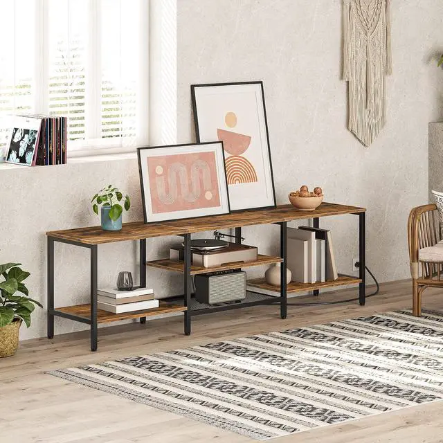 Alt view image 5 of 7 - TV Stand with Power Outlets to 75 Inches, TV Console Table with Open Storage Shelves Cabinet, Industrial Media Entertainment Center for Living Room Bedroom, Rustic Brown and Black BF80DS01
