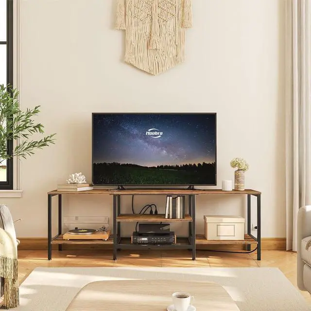 Alt view image 7 of 7 - TV Stand with Power Outlets to 75 Inches, TV Console Table with Open Storage Shelves Cabinet, Industrial Media Entertainment Center for Living Room Bedroom, Rustic Brown and Black BF80DS01