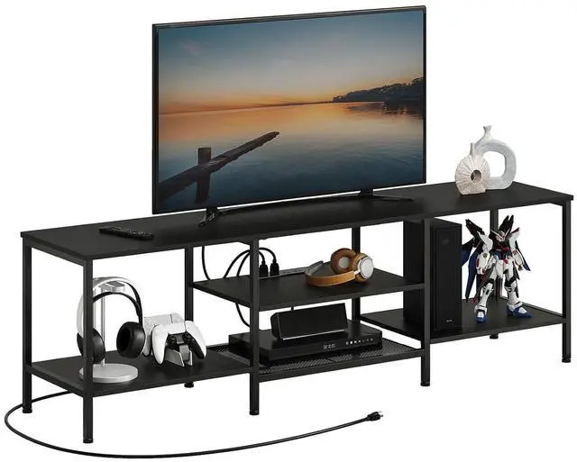 Main image of TV Stand with Power Outlets to 75 Inches, TV Console Table with Open Storage Shelves Cabinet, Industrial Media Entertainment Center for Living Room Bedroom, Black BB60DS01