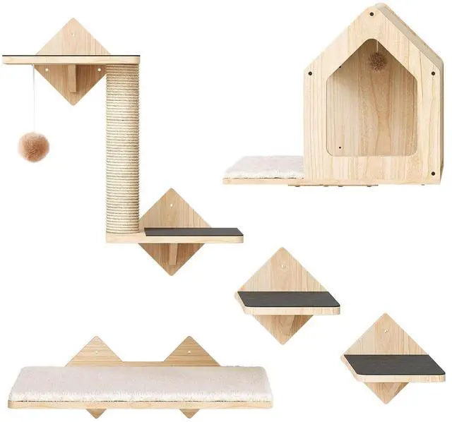 Main image of Wood Cat Wall Shelves, Set of 5 Cat Wall Mounted Furniture, Climbing Shelves with House, Steps, Scratching Post, Perch, Sturdy and Anti-Slip, Natural NL43CS03G1